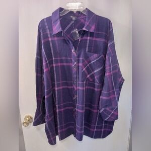 NWOT Roamans Vibrant Purple & Pink Plaid 100% Cotton Womens 22W